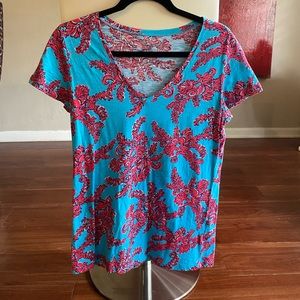 Lilly Pulitzer 100% Cotton V-neck T-shirt Size Medium Pink & Turquoise
